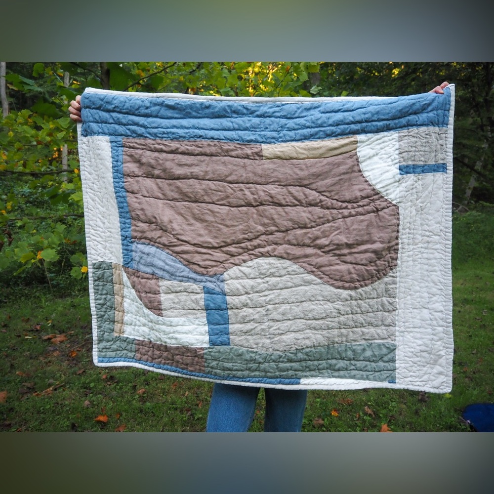 Handmade Linen Throw Blanket Quilt - Tie Dye Blue Brown Green